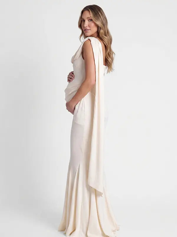 Ivory Satin Draped Cowl Neck Boned Corset Maternity Mermaid Gown