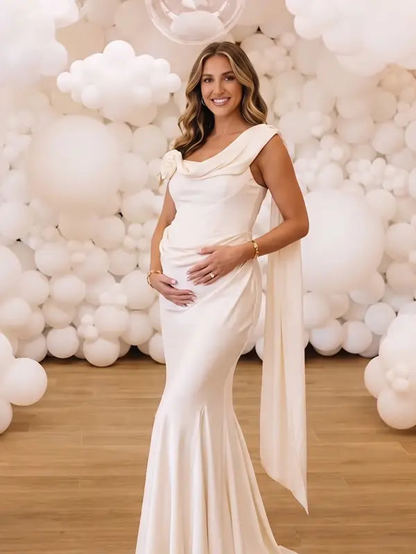 Ivory Satin Draped Cowl Neck Maternity Mermaid Gown with Boned Corset & Floral Detail