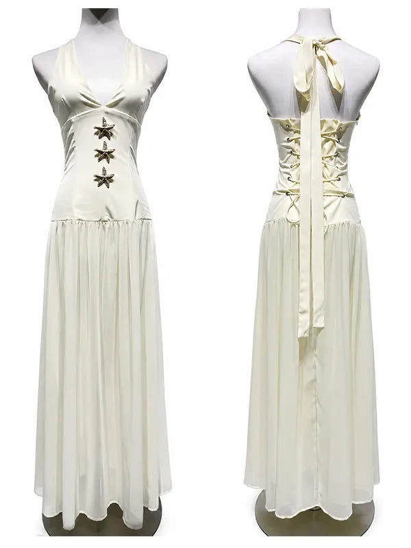 Ivory starfish halter maternity maxi dress with lace-up back and flowing chiffon skirt for beach baby shower and coastal maternity photoshoot