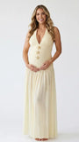 Ivory starfish halter maternity maxi dress with lace-up back and flowing chiffon skirt for beach baby shower and coastal maternity photoshoot