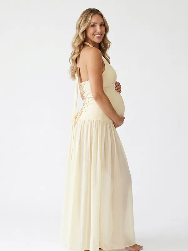 Ivory starfish halter maternity maxi dress with lace-up back and flowing chiffon skirt for beach baby shower and coastal maternity photoshoot