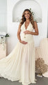 Ivory starfish halter maternity maxi dress with lace-up back and flowing chiffon skirt for beach baby shower and coastal maternity photoshoot