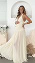 Ivory starfish halter maternity maxi dress with lace-up back and flowing chiffon skirt for beach baby shower and coastal maternity photoshoot