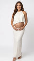 Ivory Two Piece Halter Maternity Photoshoot Dress Set with Open Belly Design for Pregnancy Photography, Studio Maternity Portraits and Pregnancy Announcement | Bumplook