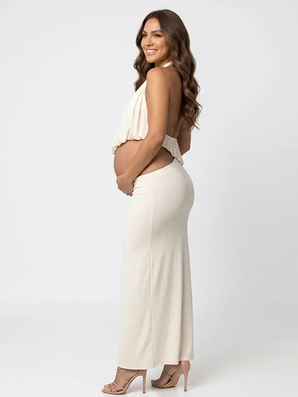 Ivory Open Back Two Piece Maternity Dress Set with Soft Stretch Fabric for Maternity Studio Sessions, Pregnancy Portraits and Modern Motherhood Photography | Bumplook