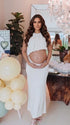 Ivory Two Piece Halter Maternity Photoshoot Dress Set with Open Belly Design for Pregnancy Photography, Studio Maternity Portraits and Pregnancy Announcement | Bumplook