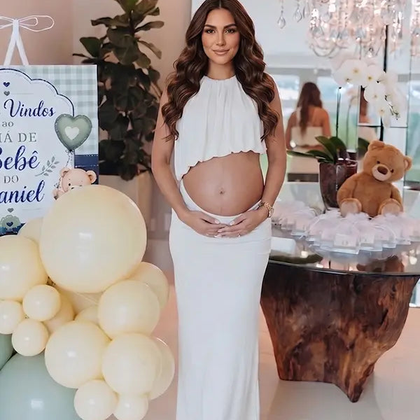 Ivory Two Piece Halter Maternity Photoshoot Dress Set with Open Belly Design for Pregnancy Photography, Studio Maternity Portraits and Pregnancy Announcement | Bumplook