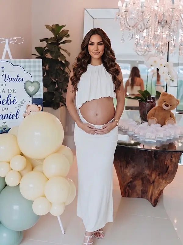 Ivory Two Piece Halter Maternity Photoshoot Dress Set with Open Belly Design for Pregnancy Photography, Studio Maternity Portraits and Pregnancy Announcement | Bumplook