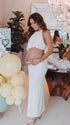 Ivory Two Piece Halter Maternity Photoshoot Dress Set with Open Belly Design for Pregnancy Photography, Studio Maternity Portraits and Pregnancy Announcement | Bumplook