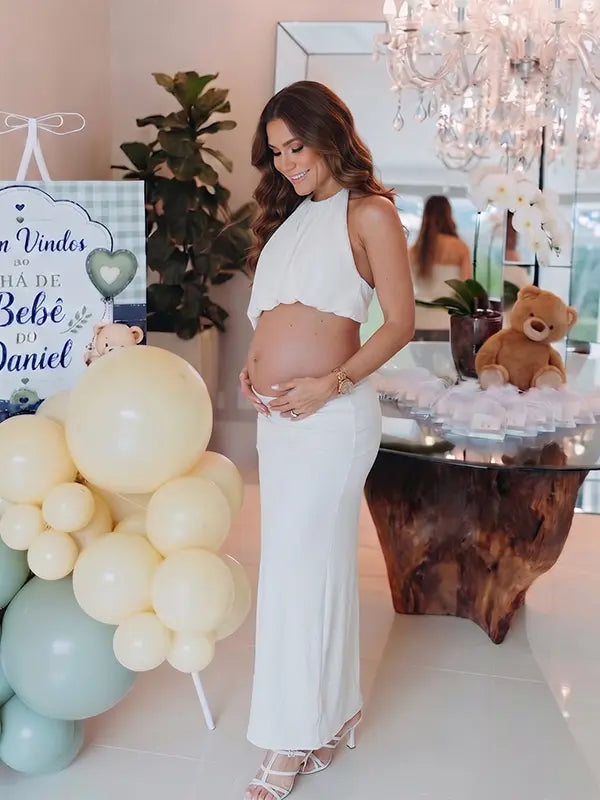 Ivory Two Piece Halter Maternity Photoshoot Dress Set with Open Belly Design for Pregnancy Photography, Studio Maternity Portraits and Pregnancy Announcement | Bumplook