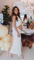 Ivory Two Piece Halter Maternity Photoshoot Dress Set with Open Belly Design for Pregnancy Photography, Studio Maternity Portraits and Pregnancy Announcement | Bumplook