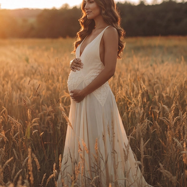 Flowing Ivory Maternity Gown for Pregnancy Announcement | Bumplook