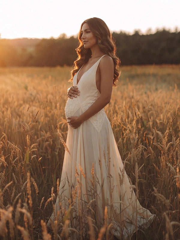 Flowing Ivory Maternity Gown for Pregnancy Announcement | Bumplook