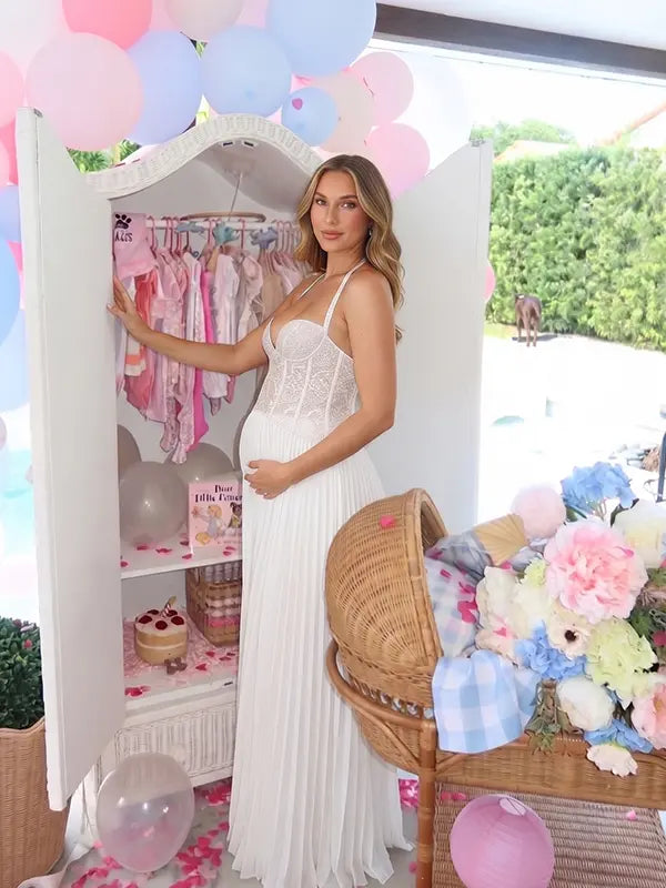 White Maternity Dress, Lace Corset Pregnancy Gown for Baby Shower, Maternity Photoshoot, Gender Reveal, Pregnancy Announcement, Wedding Guest, Bridal Shower, Formal Events | Bumplook