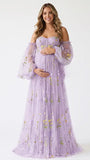 Lavender Floral Maternity Dress, Embroidered Tulle Baby Shower Dress for Maternity Photoshoot, Pregnancy Announcement, Gender Reveal and Formal Events | Bumplook