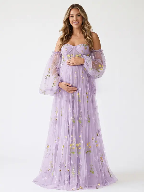 Lavender Floral Maternity Dress, Embroidered Tulle Baby Shower Dress for Maternity Photoshoot, Pregnancy Announcement, Gender Reveal and Formal Events | Bumplook