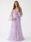 Lavender Floral Embroidered Tulle Maternity Maxi Dress