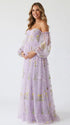 Lilac Maternity Photoshoot Dress with Floral Embroidery, Sweetheart Corset Bodice and Sheer Puff Sleeves for Baby Shower | Bumplook