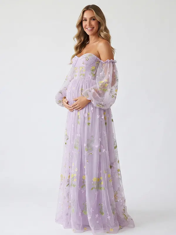 Lilac Maternity Photoshoot Dress with Floral Embroidery, Sweetheart Corset Bodice and Sheer Puff Sleeves for Baby Shower | Bumplook