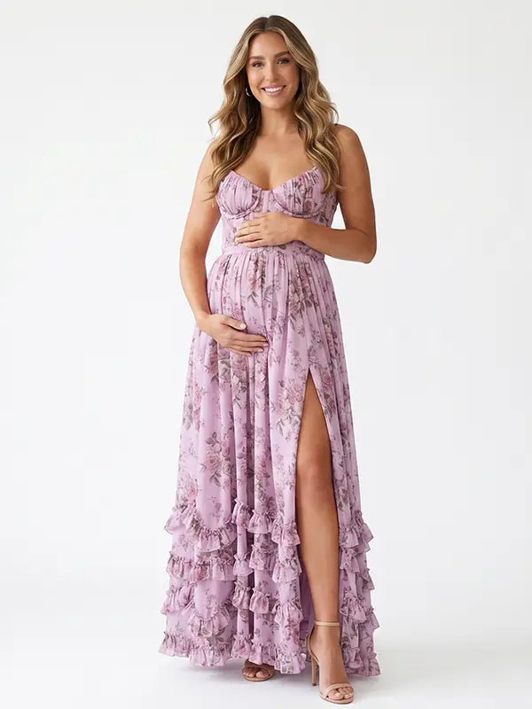 Lavender Floral Maternity Dress, Spring Baby Shower Maternity Maxi Dress for Baby Shower, Maternity Photoshoot, Gender Reveal, Pregnancy Announcement, Garden Party, Bridal Shower, Formal Events | Bumplook