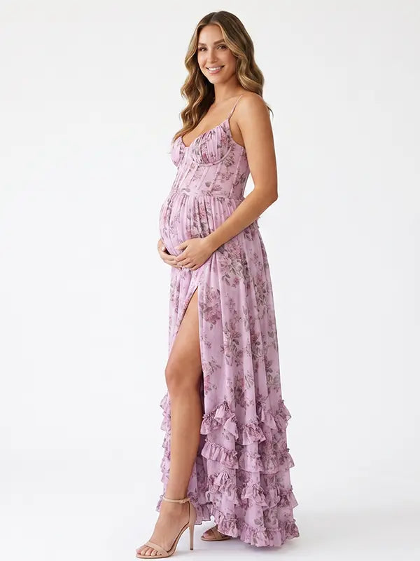 Lavender Floral Maternity Dress, Spring Baby Shower Maternity Maxi Dress for Baby Shower, Maternity Photoshoot, Gender Reveal, Pregnancy Announcement, Garden Party, Bridal Shower, Formal Events | Bumplook