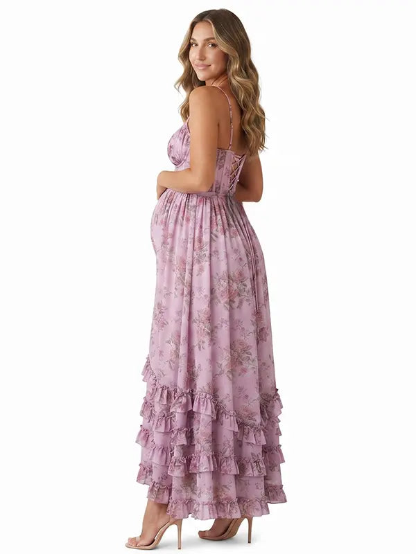 Lavender Floral Maternity Dress, Spring Baby Shower Maternity Maxi Dress for Baby Shower, Maternity Photoshoot, Gender Reveal, Pregnancy Announcement, Garden Party, Bridal Shower, Formal Events | Bumplook
