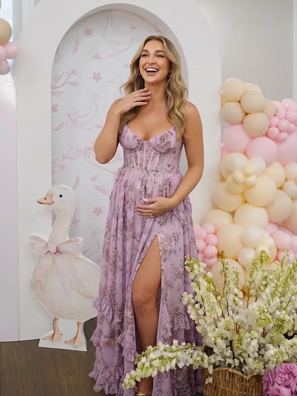 Lavender Floral Maternity Dress, Spring Baby Shower Maternity Maxi Dress for Baby Shower, Maternity Photoshoot, Gender Reveal, Pregnancy Announcement, Garden Party, Bridal Shower, Formal Events | Bumplook