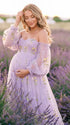 Lavender Off Shoulder Maternity Maxi Dress with Floral Embroidered Tulle for Baby Shower, Maternity Photoshoot and Pregnancy Announcement | Bumplook