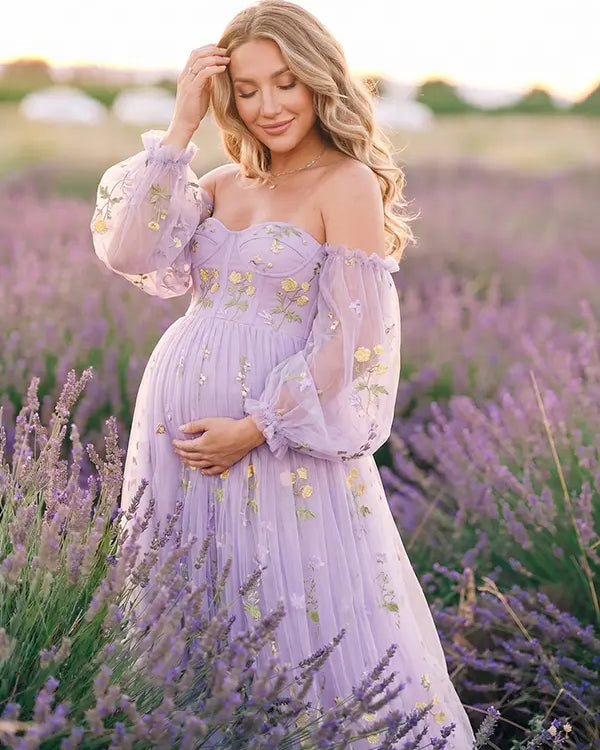Lavender Off Shoulder Maternity Maxi Dress with Floral Embroidered Tulle for Baby Shower, Maternity Photoshoot and Pregnancy Announcement | Bumplook
