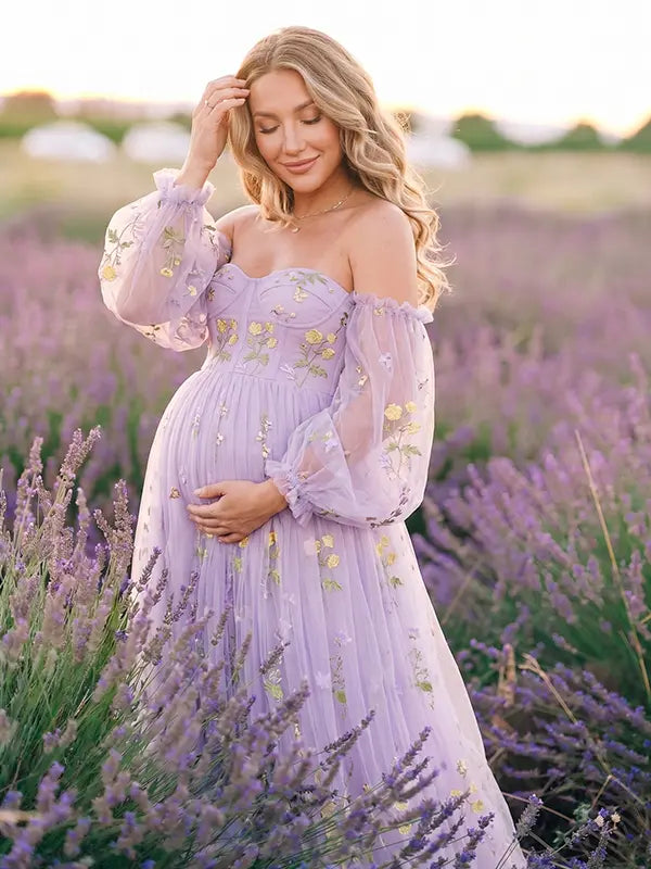 Lavender Off Shoulder Maternity Maxi Dress with Floral Embroidered Tulle for Baby Shower, Maternity Photoshoot and Pregnancy Announcement | Bumplook