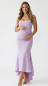 lavender jacquard maternity midi dress with corset bodice and high low hem