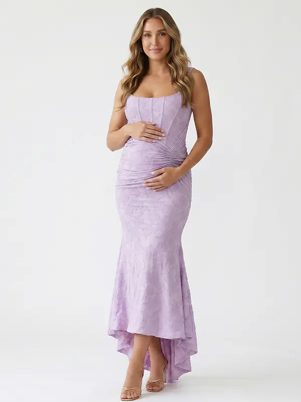 lavender jacquard maternity midi dress with corset bodice and high low hem