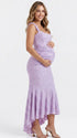 lavender jacquard maternity midi dress with corset bodice and high low hem