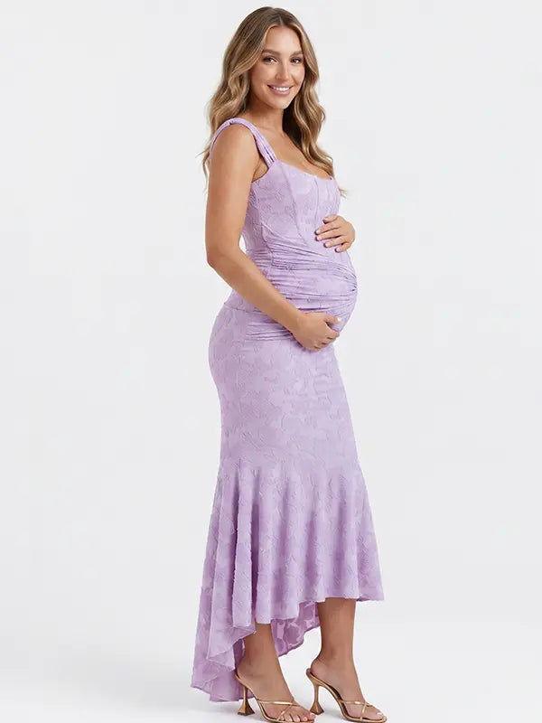 lavender jacquard maternity midi dress with corset bodice and high low hem