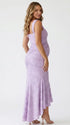 lavender jacquard maternity midi dress with corset bodice and high low hem