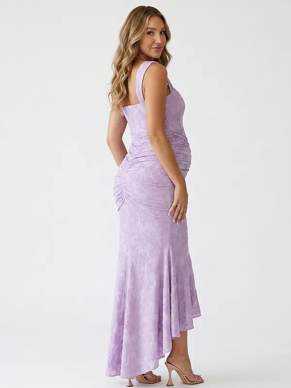 lavender jacquard maternity midi dress with corset bodice and high low hem