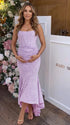 lavender jacquard maternity midi dress with corset bodice and high low hem