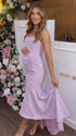 lavender jacquard maternity midi dress with corset bodice and high low hem