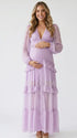 lavender lace trim maternity maxi dress with long sleeves and flowing tiered skirt