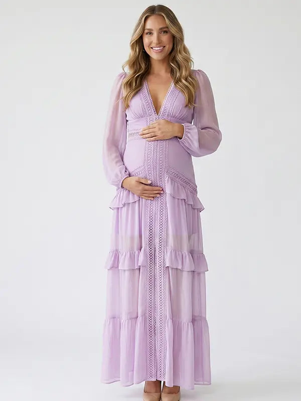 lavender lace trim maternity maxi dress with long sleeves and flowing tiered skirt