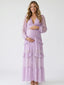 Boho Lavender Lace Trim Maternity Maxi Dress with Long Sleeves and Flowing Tiered Skirt