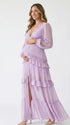 lavender lace trim maternity maxi dress with long sleeves and flowing tiered skirt