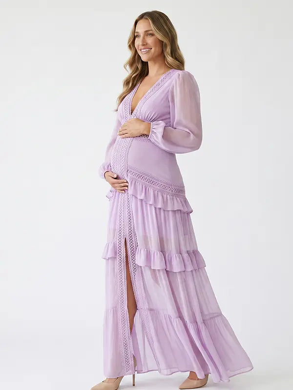 lavender lace trim maternity maxi dress with long sleeves and flowing tiered skirt