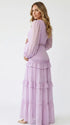 lavender lace trim maternity maxi dress with long sleeves and flowing tiered skirt