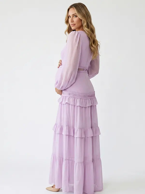 lavender lace trim maternity maxi dress with long sleeves and flowing tiered skirt