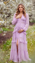 lavender lace trim maternity maxi dress with long sleeves and flowing tiered skirt