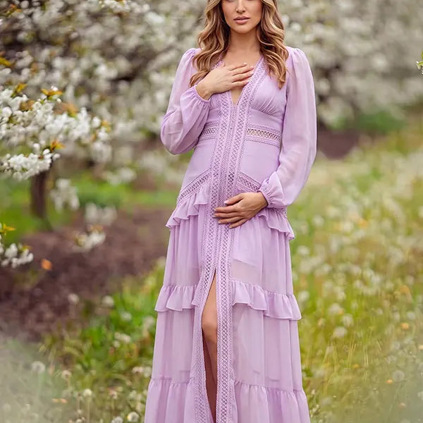 lavender lace trim maternity maxi dress with long sleeves and flowing tiered skirt