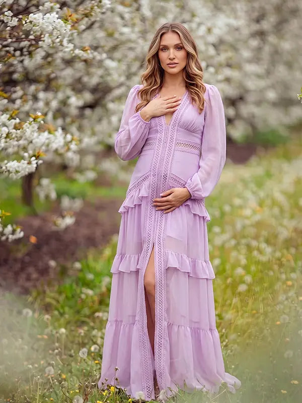 lavender lace trim maternity maxi dress with long sleeves and flowing tiered skirt