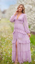 lavender lace trim maternity maxi dress with long sleeves and flowing tiered skirt