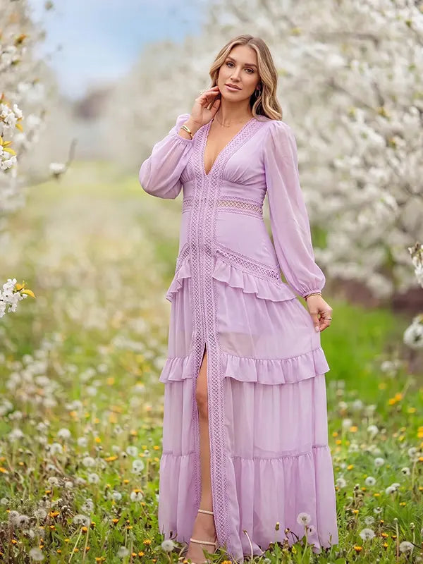lavender lace trim maternity maxi dress with long sleeves and flowing tiered skirt